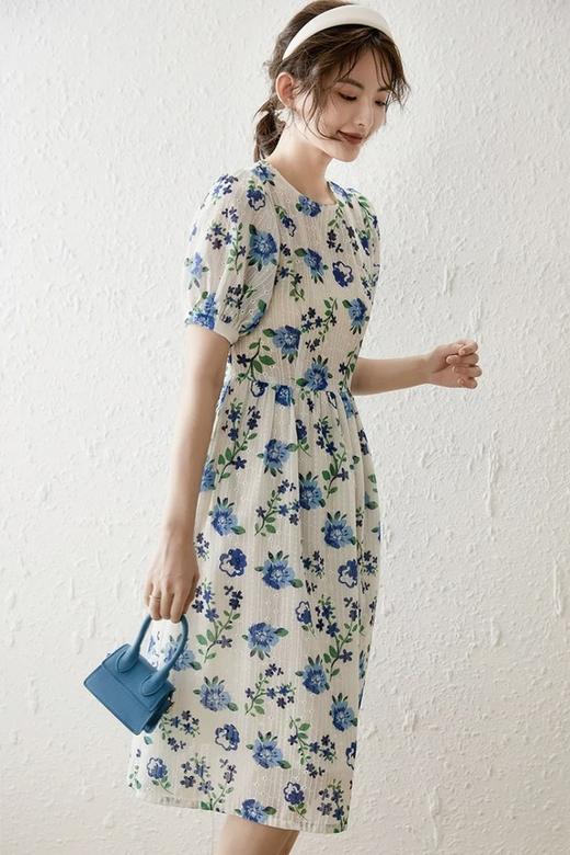 LOUIS YAO/白鹿语 大花朵泡泡袖圆领露背连衣裙 12491 商品图4