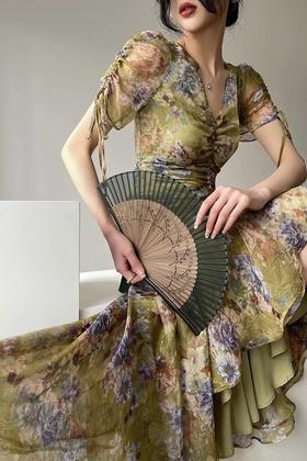 ELLA JADE 法式印花鱼尾抽绳连衣裙 16583