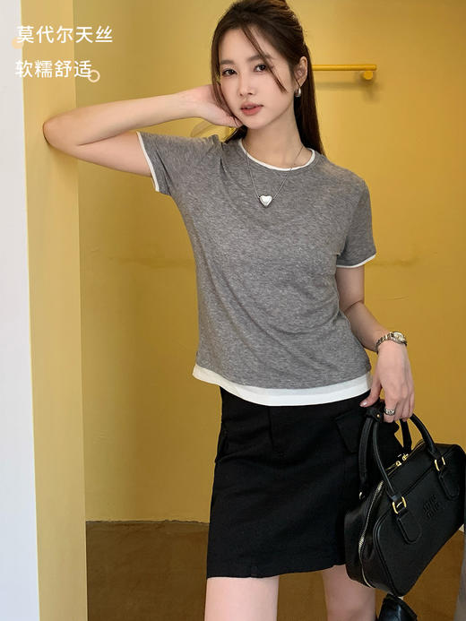 新款兰精天丝打底衫女假两件圆领短袖上衣夏季修身百搭显瘦t恤_ym 商品图1