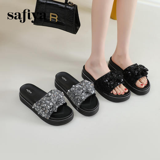 Safiya/索菲娅2024新款春夏气质珍珠蝴蝶结平底休闲外穿拖鞋SF42110M07 商品图2