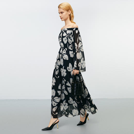 EITIE爱特爱秋新款气质通勤一字领印花收腰连衣裙7907602 商品图1