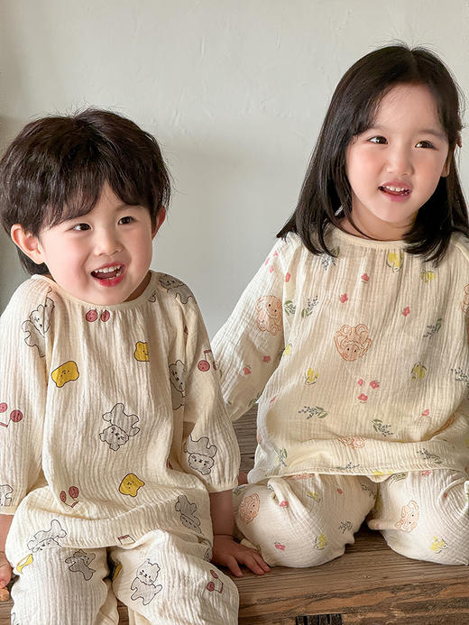 【A类儿童纱布睡衣套装】儿童睡衣a类夏天纯棉纱布家居服套装，吸汗透气舒适柔软，可爱薄款女童男孩宝宝空调服睡衣家居服QQ 商品图8