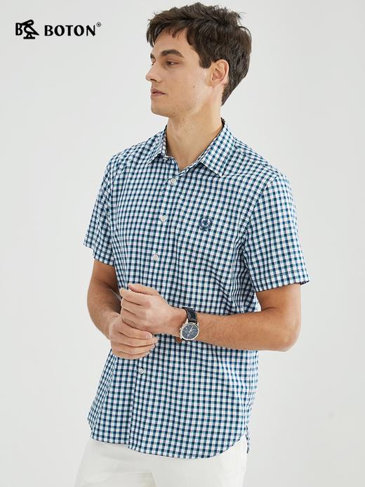 【轻薄抗菌】波顿春夏男士蓝绿白色格子短袖衬衫高端MS022223 商品图1