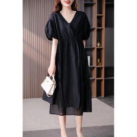 89153原形法式收腰不对称连衣裙女2024春夏季新款花苞袖V领显瘦长裙子