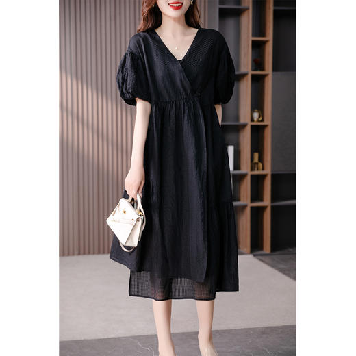 89153原形法式收腰不对称连衣裙女2024春夏季新款花苞袖V领显瘦长裙子 商品图0