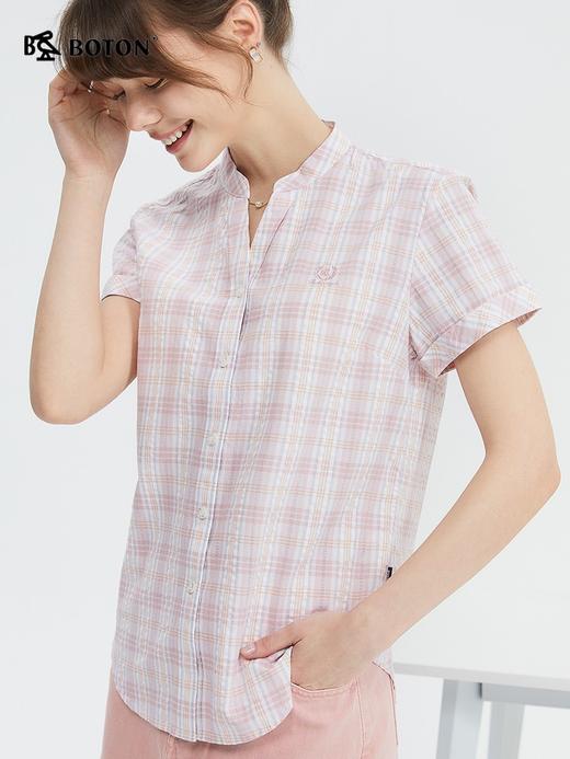 波顿夏季短袖香桃粉格子短袖衬衫高端美式休闲衬衣LS011224 商品图1