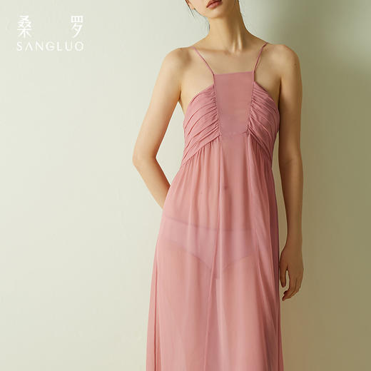 桑罗真丝吊带连衣裙粉色褶皱收腰乔其纱裙仙女长裙2024年夏季新款 商品图2