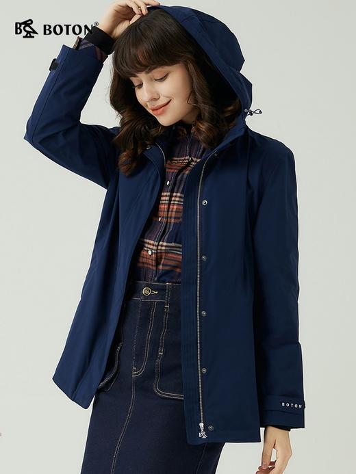波顿春秋中长款女士连帽深蓝色风衣高端美式休闲外套上衣LJ908323 商品图1