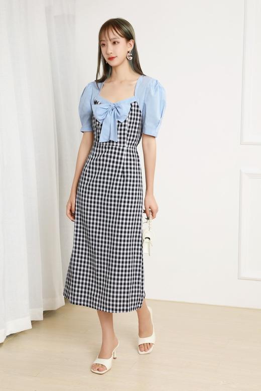 L.Fleuri 蓝色格纹拼接连衣裙 12796 商品图1