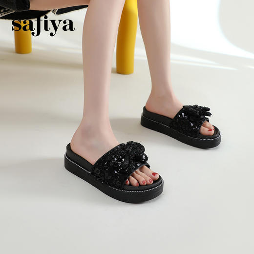 Safiya/索菲娅2024新款春夏气质珍珠蝴蝶结平底休闲外穿拖鞋SF42110M07 商品图0