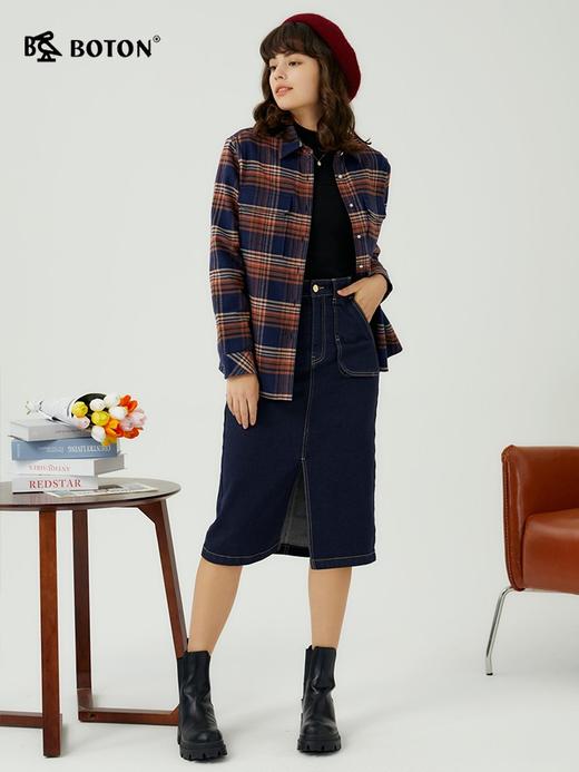 [长绒棉]波顿春秋长袖女士藏蓝咖啡色格子衬衫高端英伦风LS989323 商品图2