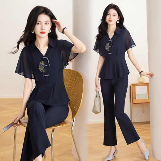 中式国风两件套，蝙蝠袖收腰衬衫+喇叭裤长裤套装QYM-TB-FD1253-Y 商品图4