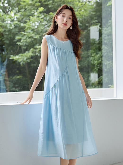 【专属特价】熙世界莱赛尔天丝无袖连衣裙夏季新款气质圆领法式度假蓝色裙子 商品图2
