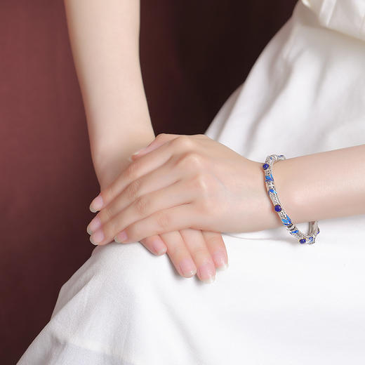 S925纯银镀金青金石珐琅竹节竹叶镂空圆珠手镯手环ＣＷ 商品图3