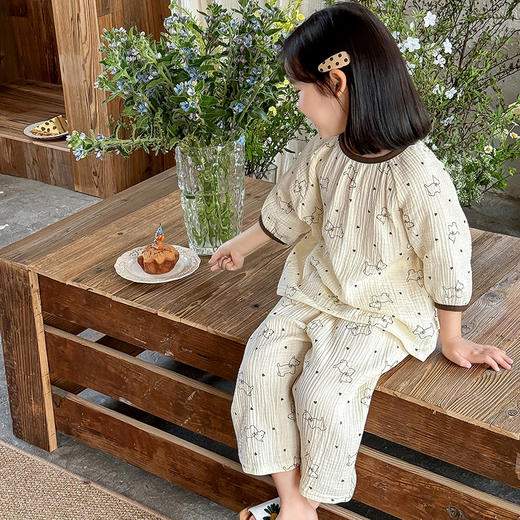 【A类儿童纱布睡衣套装】儿童睡衣a类夏天纯棉纱布家居服套装，吸汗透气舒适柔软，可爱薄款女童男孩宝宝空调服睡衣家居服QQ 商品图0