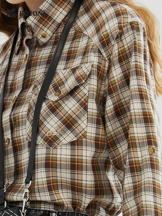 波顿秋宽松格子衬衫复古高端女士美式休闲工装风衬衣LS971123 商品图3