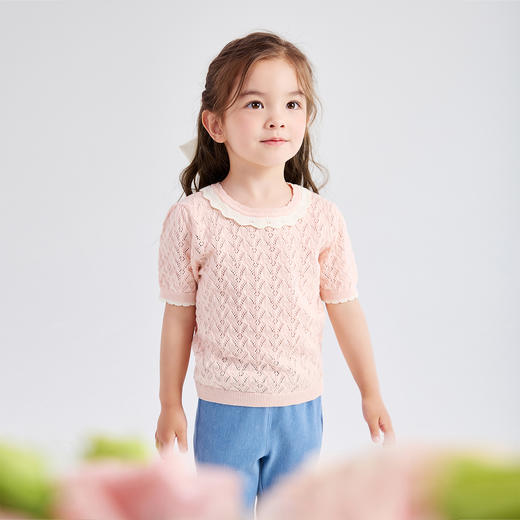 笛莎Deesha 童装2024夏季新款时尚镂空毛织T恤 商品图5
