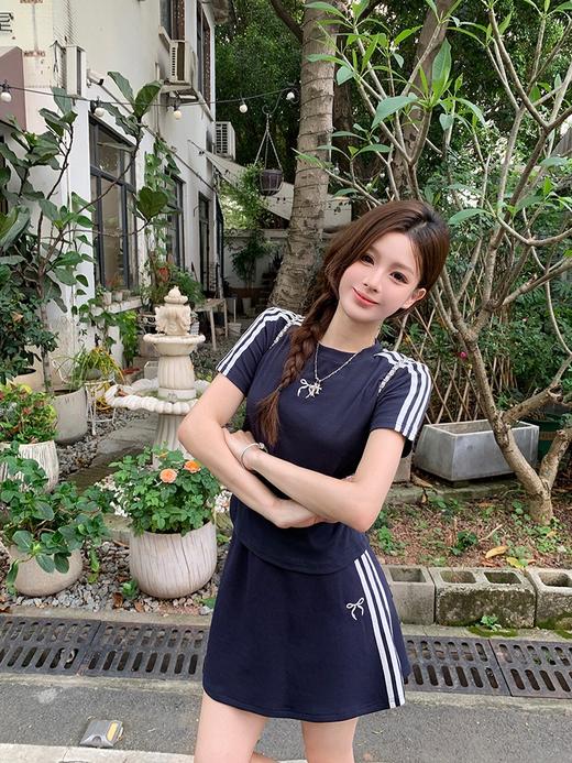 【YW】无忧购韩版休闲运动三条杠蝴蝶结刺绣短袖T+半身裙套装24505(截单后7天发货)25年清仓捡漏 商品图8