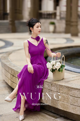 【雾境定制】紫韵花影系列不规则乔其纱吊带连衣裙  3204008