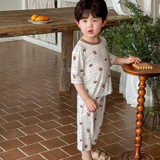 【a类新款冰丝儿童睡衣】儿童睡衣男孩夏季薄款，天丝莱赛尔面料舒适柔软透气，2025新款冰丝a类七分袖套装女童宝宝空调服QQ 商品图0