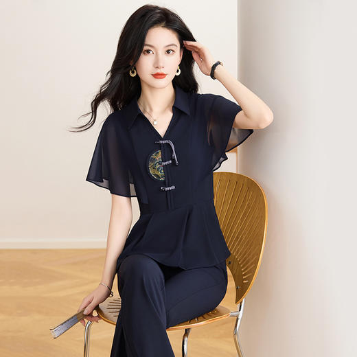 中式国风两件套，蝙蝠袖收腰衬衫+喇叭裤长裤套装QYM-TB-FD1253-Y 商品图1