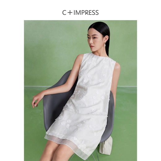 LYQ2402087C+IMPRESS/西嘉立体水溶绣花醋酸拼接直筒无袖连衣裙女夏圆领显瘦 商品图1