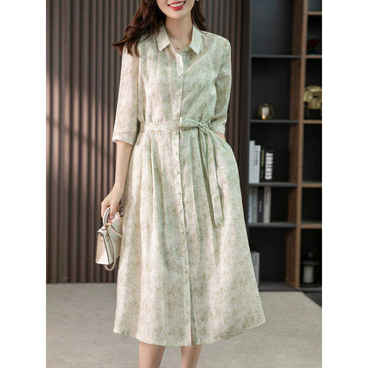 85781原形新中式印花苎麻连衣裙女长款裙子2024春夏季新款韩版衬衫裙 商品图0