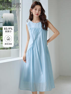【专属特价】熙世界莱赛尔天丝无袖连衣裙夏季新款气质圆领法式度假蓝色裙子