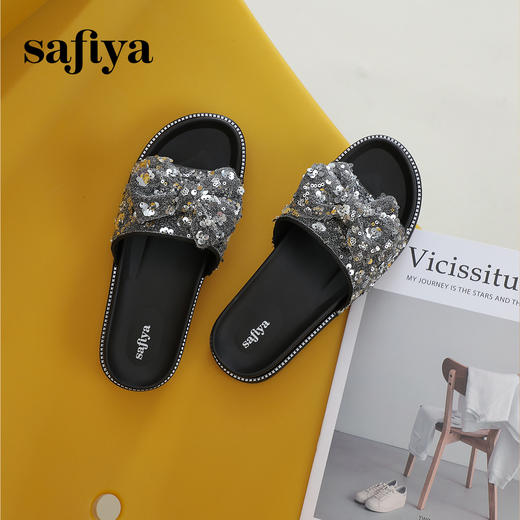 Safiya/索菲娅2024新款春夏气质珍珠蝴蝶结平底休闲外穿拖鞋SF42110M07 商品图7