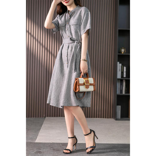 85794原形复古千鸟格亚麻衬衫裙女2024春夏季新款韩版设计感小众连衣裙 商品图1