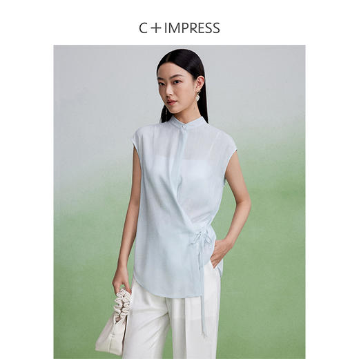 西嘉CS2402065C+IMPRESS/西嘉肌理感醋酸衬衫女夏围裹式小飞袖绑带立领气质上衣 商品图1