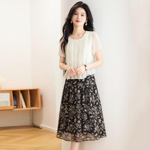 拼结假两件雪纺裙，时尚中长款印花裙百褶连衣裙QYM-TB-FD1653-Y 商品图0