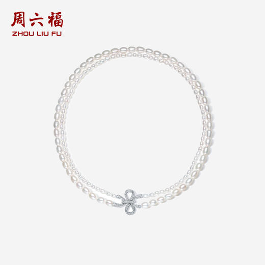 周六福S925银珍珠项链女优雅双层蝴蝶结淡水珍珠小米珠复古锁骨链 商品图0