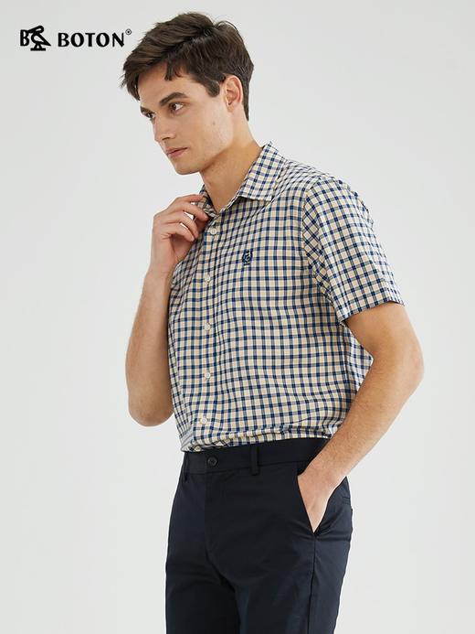【柔软透气】波顿春夏男士短袖杏蓝色格子衬衫高端修身MS020223 商品图1