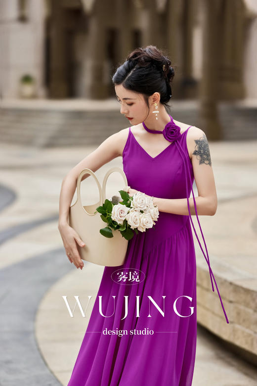 【雾境定制】紫韵花影系列不规则乔其纱吊带连衣裙  3204008 商品图4