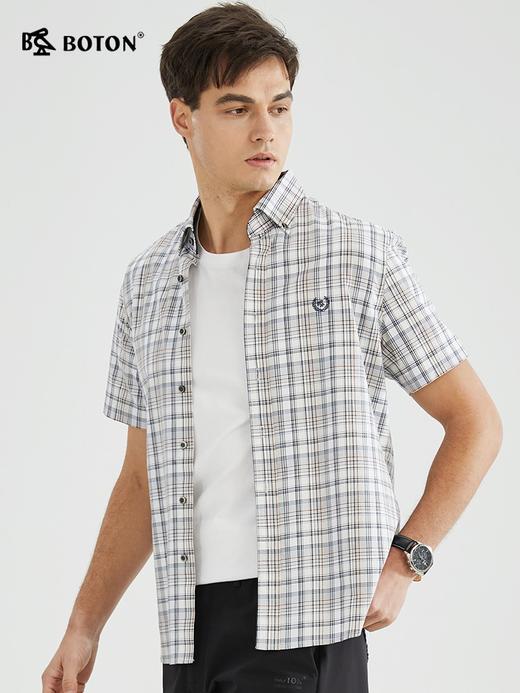 【免烫易打理】波顿春秋杏蓝白男士短袖格子衬衫高端衬衣MS012223 商品图1