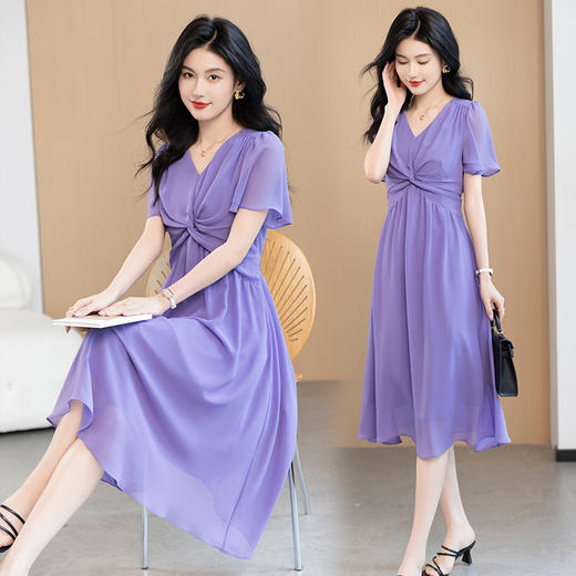 时尚高腰褶皱垂感纯色，中长裙短袖A字裙QYM-TB-FD1339-Y 商品图4