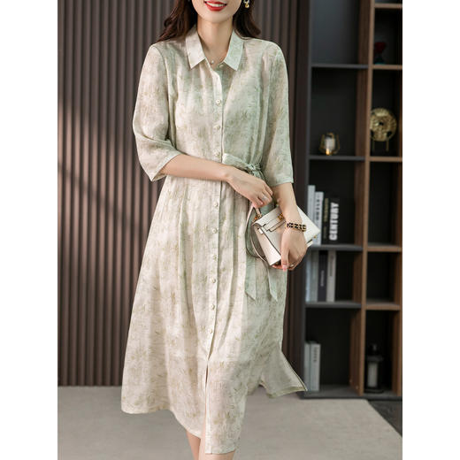 85781原形新中式印花苎麻连衣裙女长款裙子2024春夏季新款韩版衬衫裙 商品图1