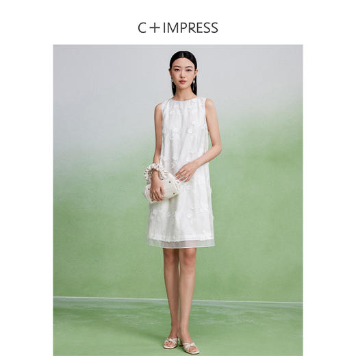 LYQ2402087C+IMPRESS/西嘉立体水溶绣花醋酸拼接直筒无袖连衣裙女夏圆领显瘦 商品图2