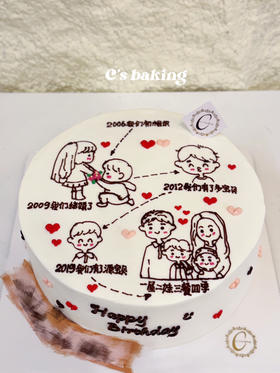 （手绘）#恋爱过程#结婚周年蛋糕#记录从相识结婚到生娃的过程 忌廉蛋糕（默认自提，收费配送请联系客服）