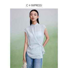 西嘉CS2402065C+IMPRESS/西嘉肌理感醋酸衬衫女夏围裹式小飞袖绑带立领气质上衣
