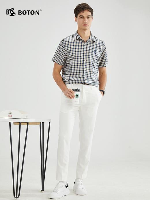 【柔软透气】波顿春夏男士短袖杏蓝色格子衬衫高端修身MS020223 商品图3