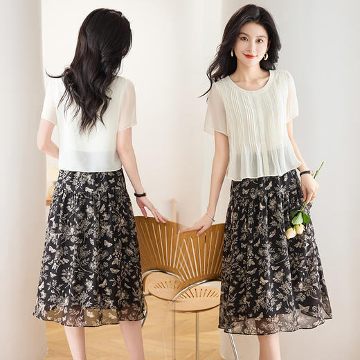 拼结假两件雪纺裙，时尚中长款印花裙百褶连衣裙QYM-TB-FD1653-Y 商品图3