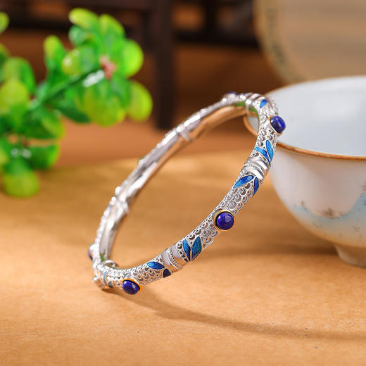 S925纯银镀金青金石珐琅竹节竹叶镂空圆珠手镯手环ＣＷ 商品图0