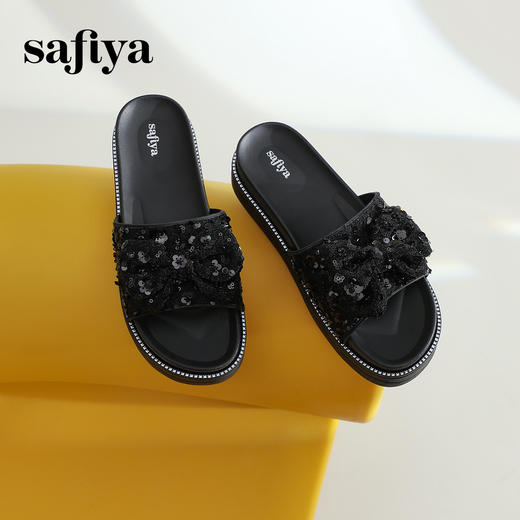 Safiya/索菲娅2024新款春夏气质珍珠蝴蝶结平底休闲外穿拖鞋SF42110M07 商品图8