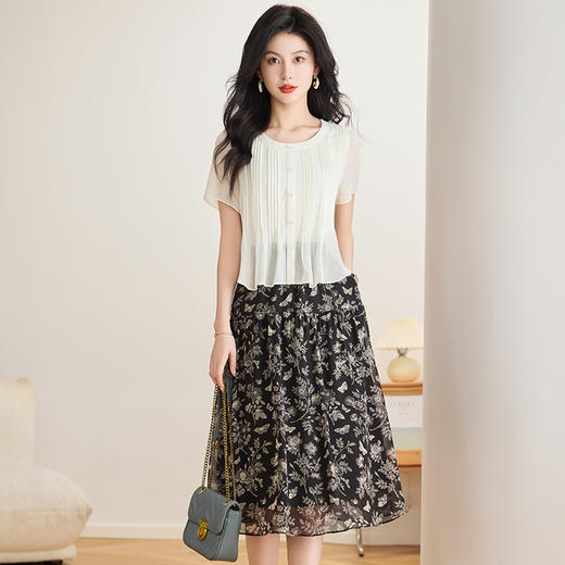 拼结假两件雪纺裙，时尚中长款印花裙百褶连衣裙QYM-TB-FD1653-Y 商品图1