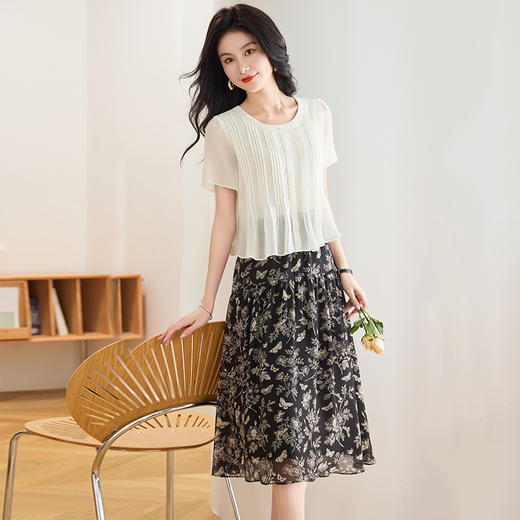 拼结假两件雪纺裙，时尚中长款印花裙百褶连衣裙QYM-TB-FD1653-Y 商品图2