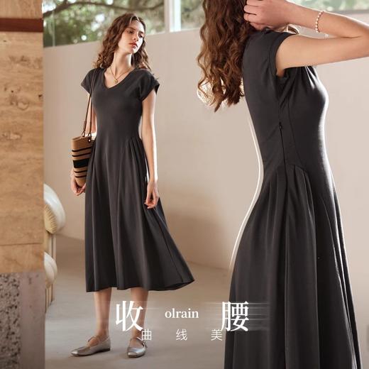 欧芮儿法式复古气质V领深灰色连衣裙女夏2024新款收腰伞摆A字裙 商品图1