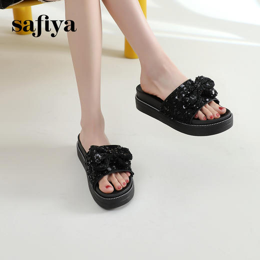 Safiya/索菲娅2024新款春夏气质珍珠蝴蝶结平底休闲外穿拖鞋SF42110M07 商品图1