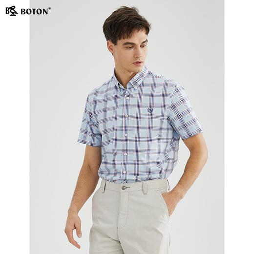 【抗皱挺阔】波顿春夏男士短袖蓝色格子高端休闲衬衫MS016223 商品图1